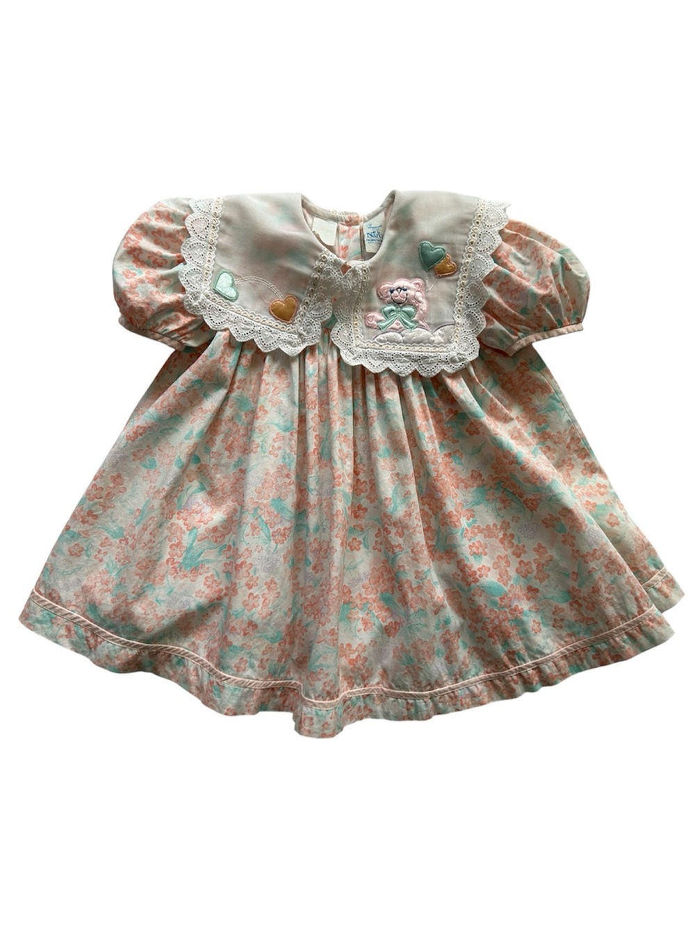 Vintage Narci Embroidered Lace Trim Collar Puff Sleeve Floral Baby Dress Size 3